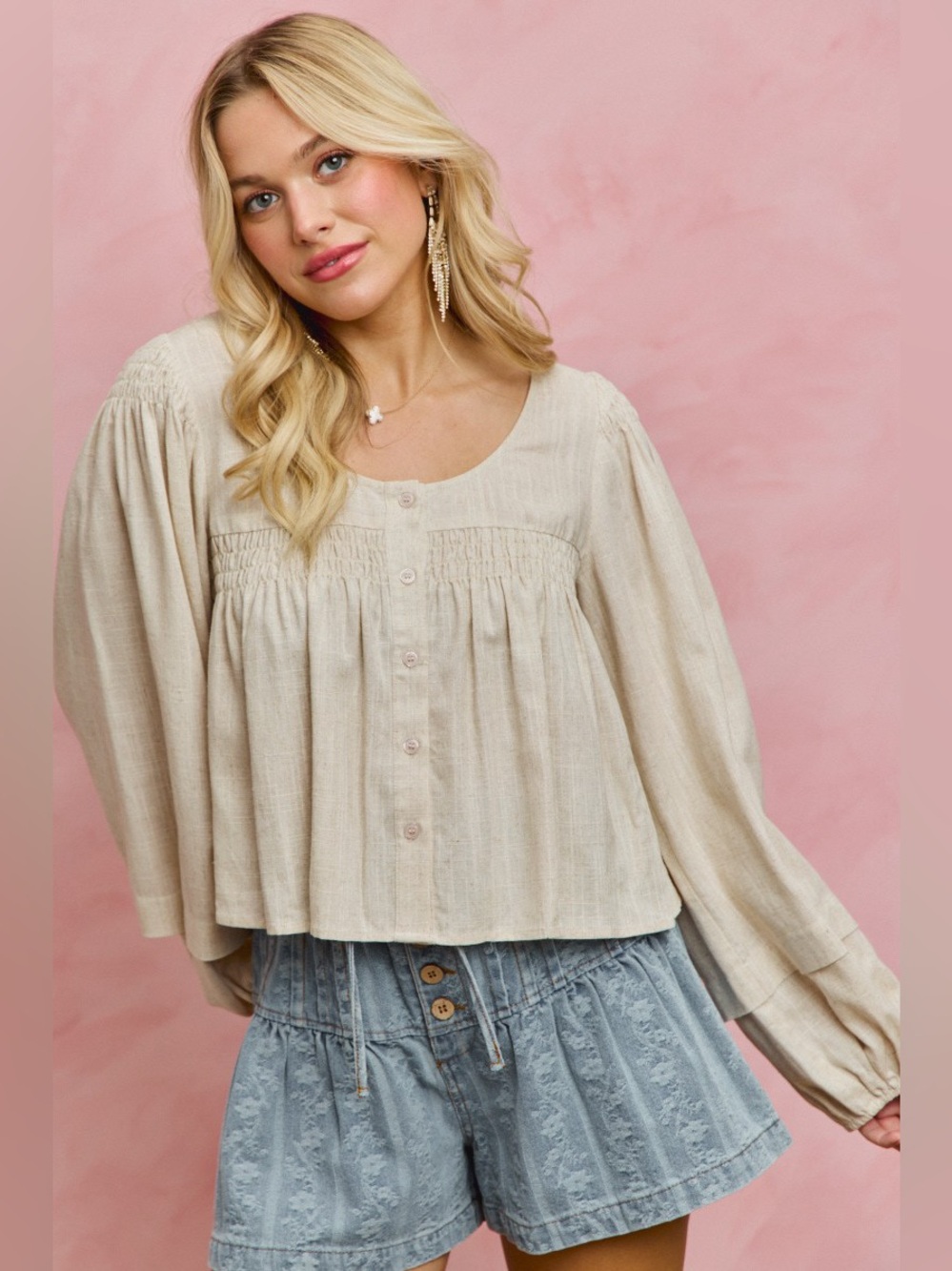 SO ME Linen Blend Woven Long Sleeve With Smocking Top - Picture 3 of 16
